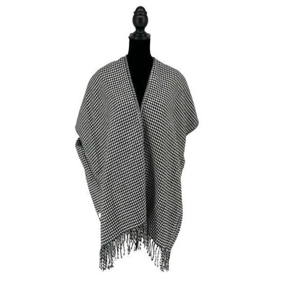 LOFT Womens Houndstooth Fringe Poncho Kimono Wrap Black & White XS NWT - Picture 6 of 10